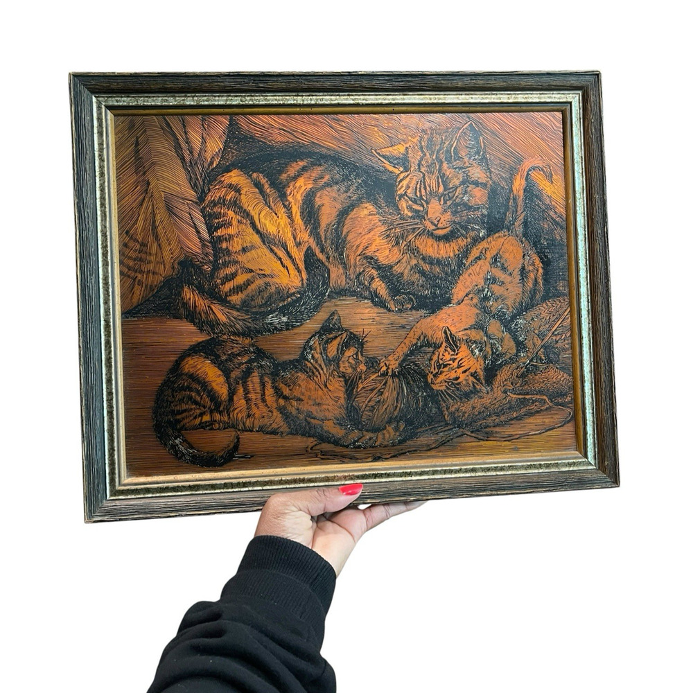 Vintage Cats Artwork Etched Artwork Mid Century Vintage Wall Decor Animal Art